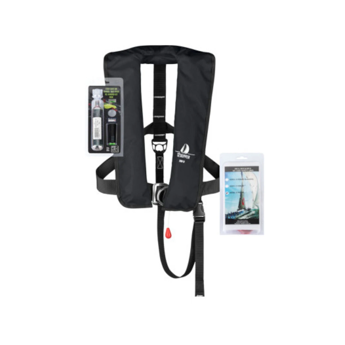 Set: 12skipper Automatik-Rettungsweste 300N ISO Harness Schwarz Mit Marinepool Lifeline Und Wartungskit 3 Set: 12skipper Automatik-Rettungsweste 300N ISO Harness Schwarz Mit Marinepool Lifeline Und Wartungskit